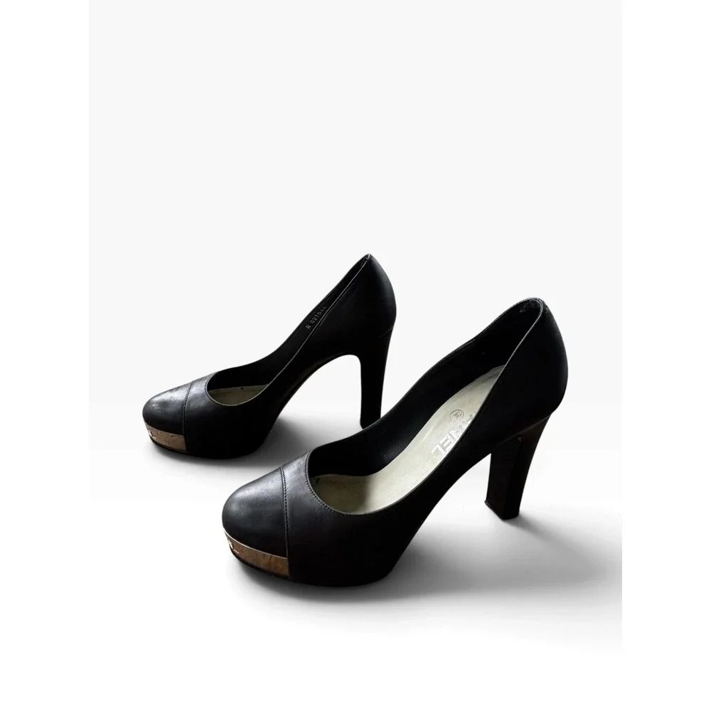 Chanel Silver Plate Platform Pumps 37.5 Black Leather Block Heel Cap Toe